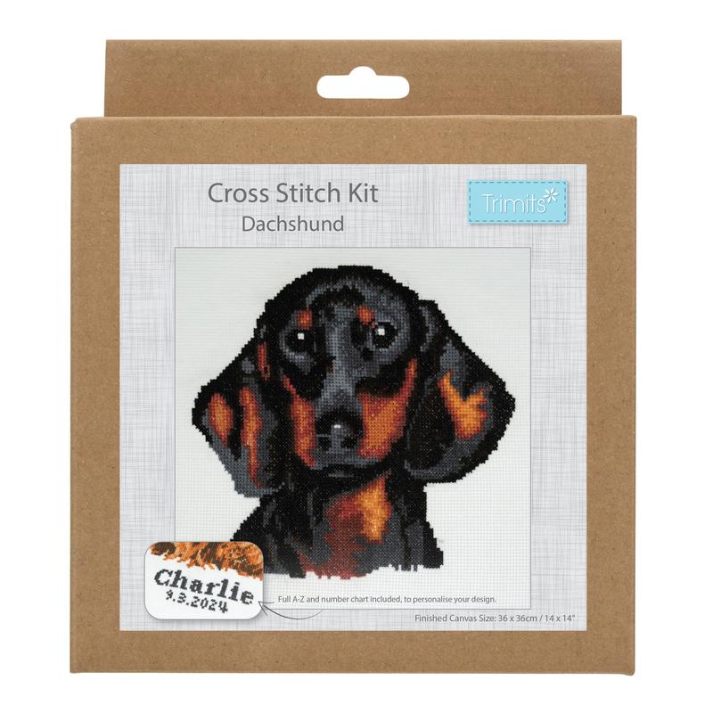 Trimits Counted Cross Stitch Kit Ð Large: Dachshund, 36x36cm, Includes Aida Fabric, Pre-Sorted Threads, Needle, Personalizing Alphabet, Instructions in English, French, German 1