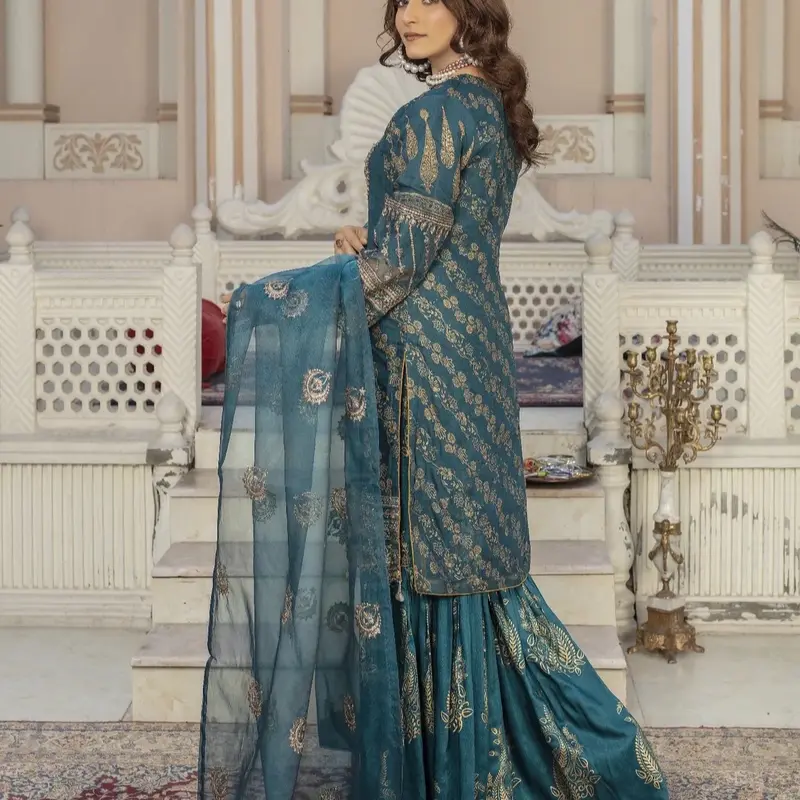 Beautiful Party Wear Embroidered & Digital Print 3pc Suit With Gharara & organza  Dupatta Womenswear 4