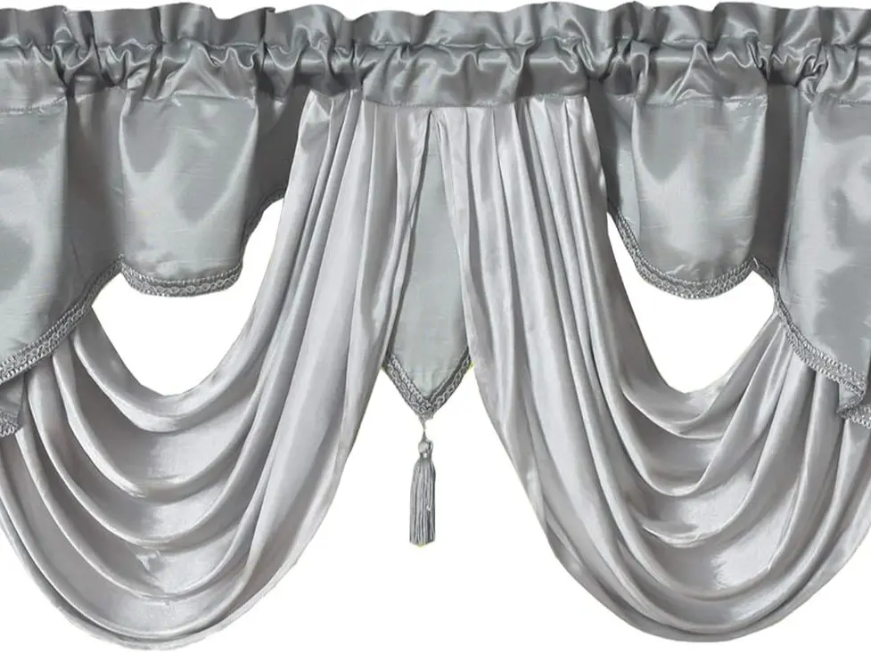 Valarie Fancy Window Valance. 54 x 18. Taffeta Fabric with Soft Satin Swag. Add Some Royal luxruy Accent to Your Home. (Grey)