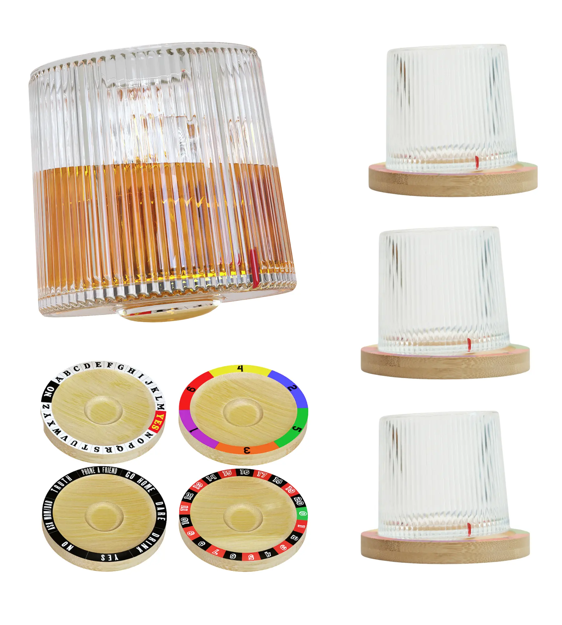 Smiths Mason Jars 4pcs Spinning Whisky Ribbed Glasses with 4 Wooden Coasters Set - Perfect for Party Games for Drinking Wine, Birthday Bash, Couple Games - Rotatable Bar Collection Gift for Dad, Boyfriend and Grandpa
