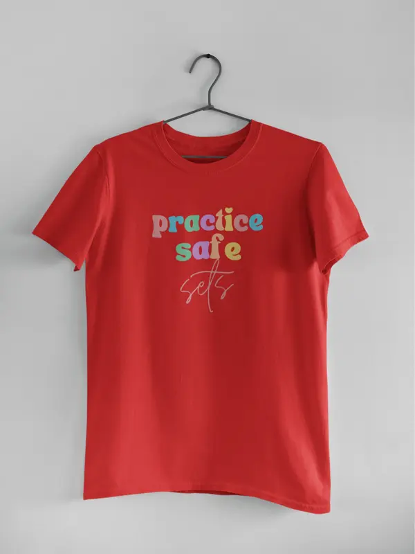 Practice Safe Sets Funny Gym Shirt, Custom Unisex T Shirt, Fun Unique Gift, Running Shirt, Gym TShirt, Graphic Tees, Menswear Womenswear Design Cotton Fabric Casual Top Relaxed Fit Breathable Hem 1