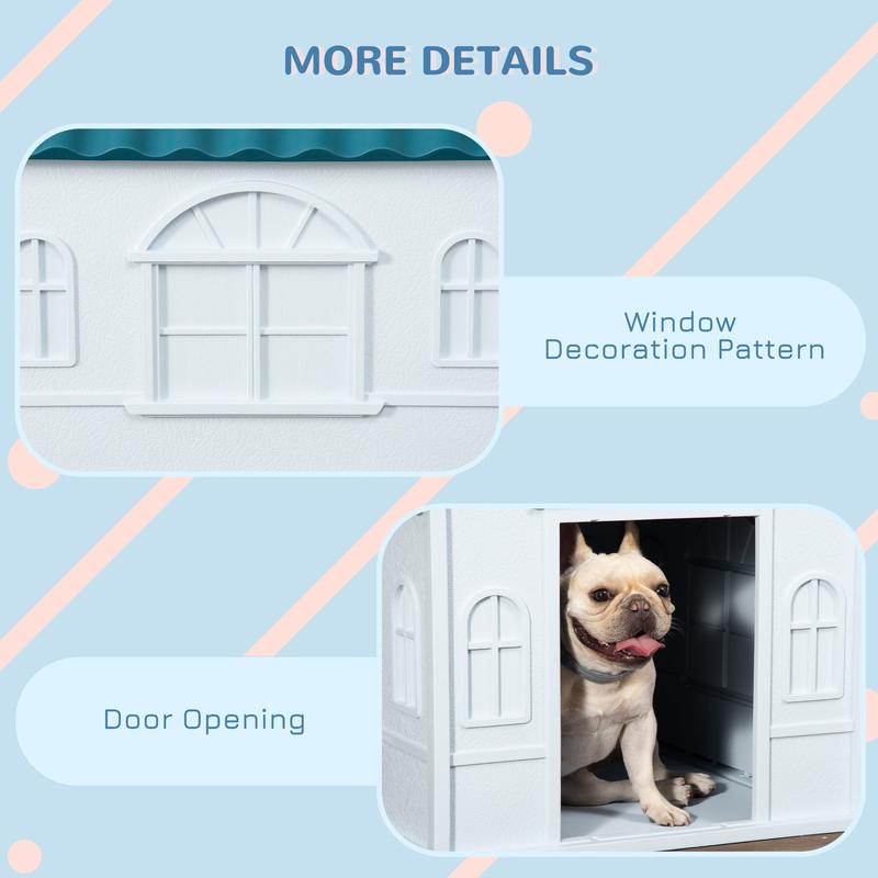 PawHut Plastic Weather-Resistant Dog House, for Indoors and Outdoors, Medium Dogs - White and Blue 5