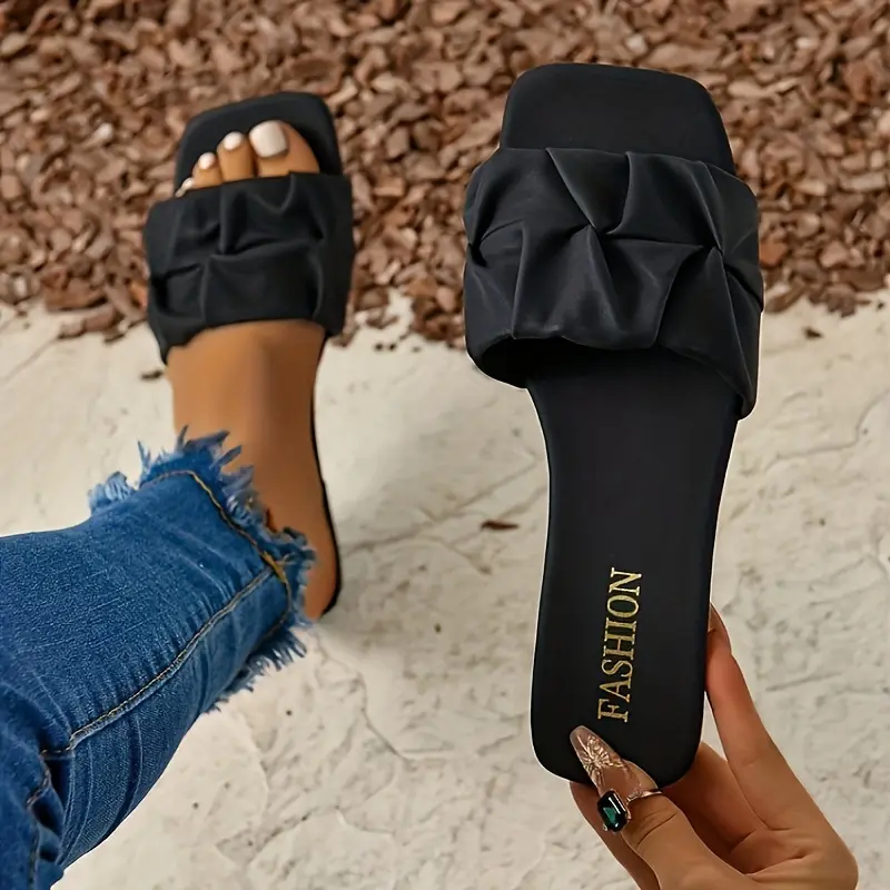 Women's Pleated Design Slide Sandals, Casual Square Open Toe Flat Summer Shoes, Lightweight Slide Sandals