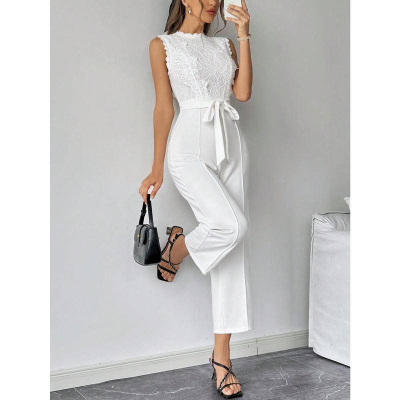 Firerie Women's Elegant Commuter White Lace Splicing Sleeveless High Waist Long Jumpsuit,White Long Jumpsuit,Women Rompers,Sleeveless Jumpsuit,Slim Fit Long Jumpsuit,Teacher Clothes,Teacher's Jumpsuit,Suitable For Daily, Party, Homeco Fabric Polyester 4