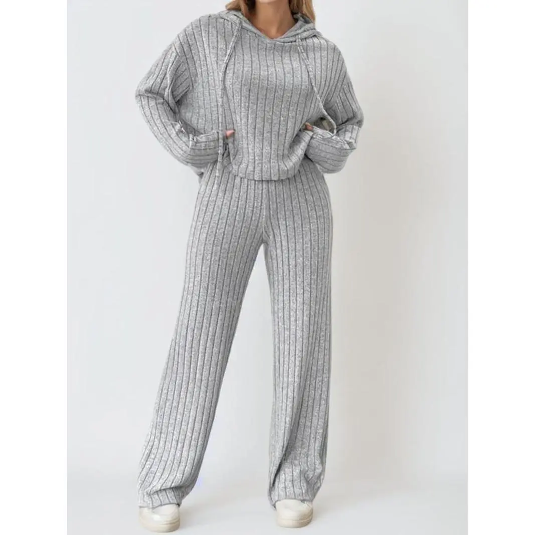Plus Size Two-piece Set Solid Drop Shoulder Drawstring Hoodie & High Waist Pants, Y2k Outfits Streetwear Chic Long Sleeve Hooded Top & Straight Leg Trousers Knit Co-ords Sets for Lady, Womenswear Tracksuit for Winter Joggers Mummy Tummy Outfits Uk