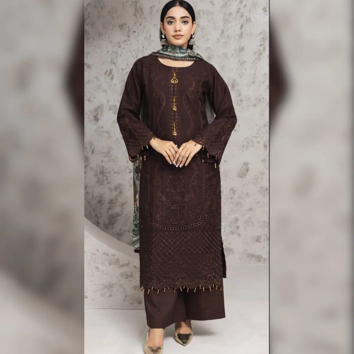 Dhanak Chikankari Brown winter 3pc  - Casual Style - Womenswear