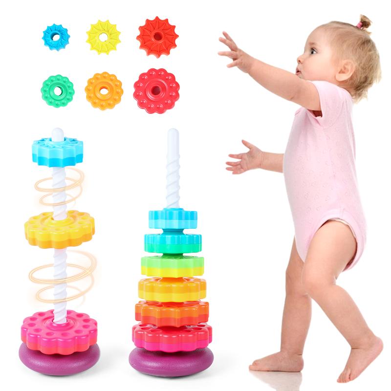 deAO Rainbow Stacking Tower Toy – Colorful Spiral Gear Stacking Game for Toddlers – Interactive Rotating Tower for Early Learning, Hand-Eye Coordination & Motor Skills Development – Safe & Durable Baby Toy 2