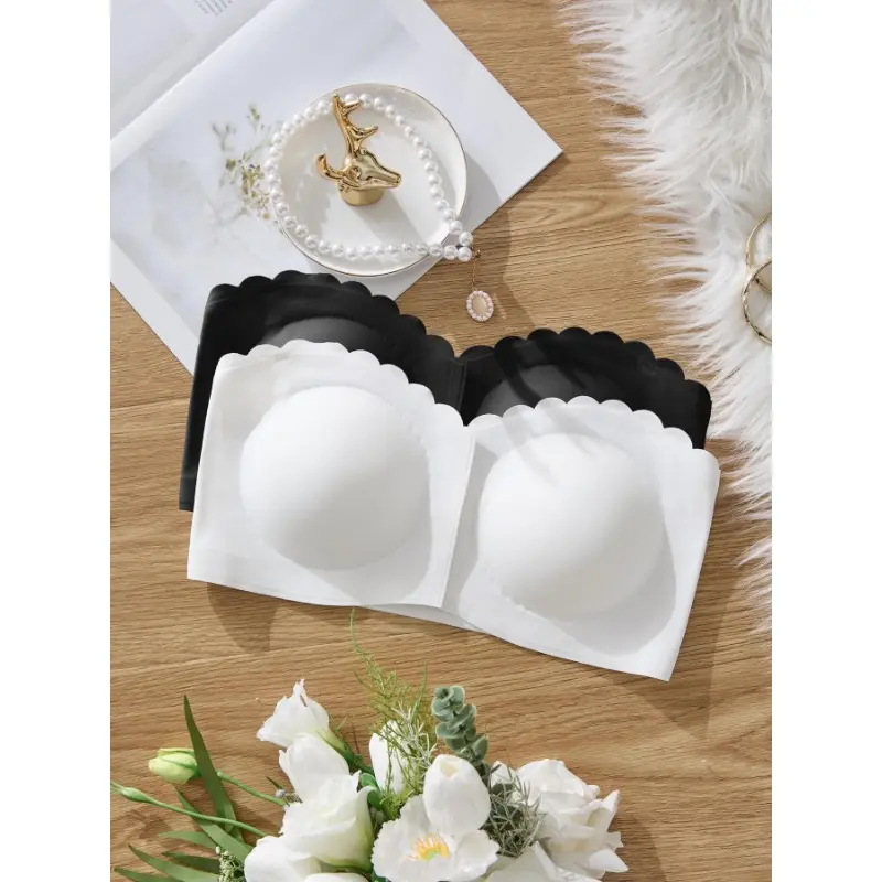 Women's Solid Scallop Trim Hook & Eye Front Wireless Bandeau Bra, Comfortable Breathable Seamless Strapless Bralette for Daily Wear, Lingerie Top for All Seasons Womenswear Bridal Basic Black Minimalist 8
