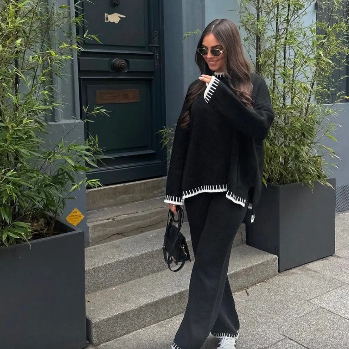 Magda rib Knitt , wide Leg casual Lounge wear Co ord Set Comfortable Fabric knitted outfit 2pcs plain basic regular elegant regular sleeve