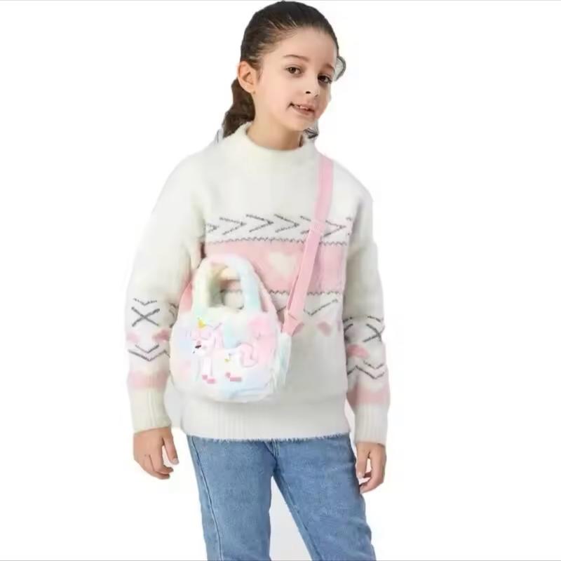 Kids Embroidery Unicorn Plush Toy Crossbody Purses Handbags Little Girls Rainbow Fluffy Purse Cute Cartoon Furry Shoulder Bag 2