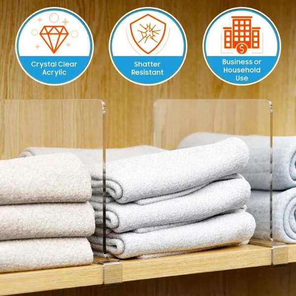 Product Introduction of 4X Clear Acrylic Shelf Dividers Storage Shelves Divider Wardrobe Organizer, Clear Acrylic Shelf Dividers for Closet Organization - Durable Closet, Book Shelf or Pantry Shelf Divider for Wood Shelves, Space Saving Shelf Organizers Racks Wooden 9