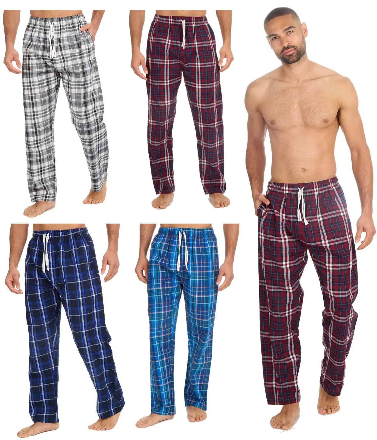 GM Apparel Mens Lounge Bottoms Pyjama Pants Checked 100% Cotton All-Season Loungewear Checked Nightwear
