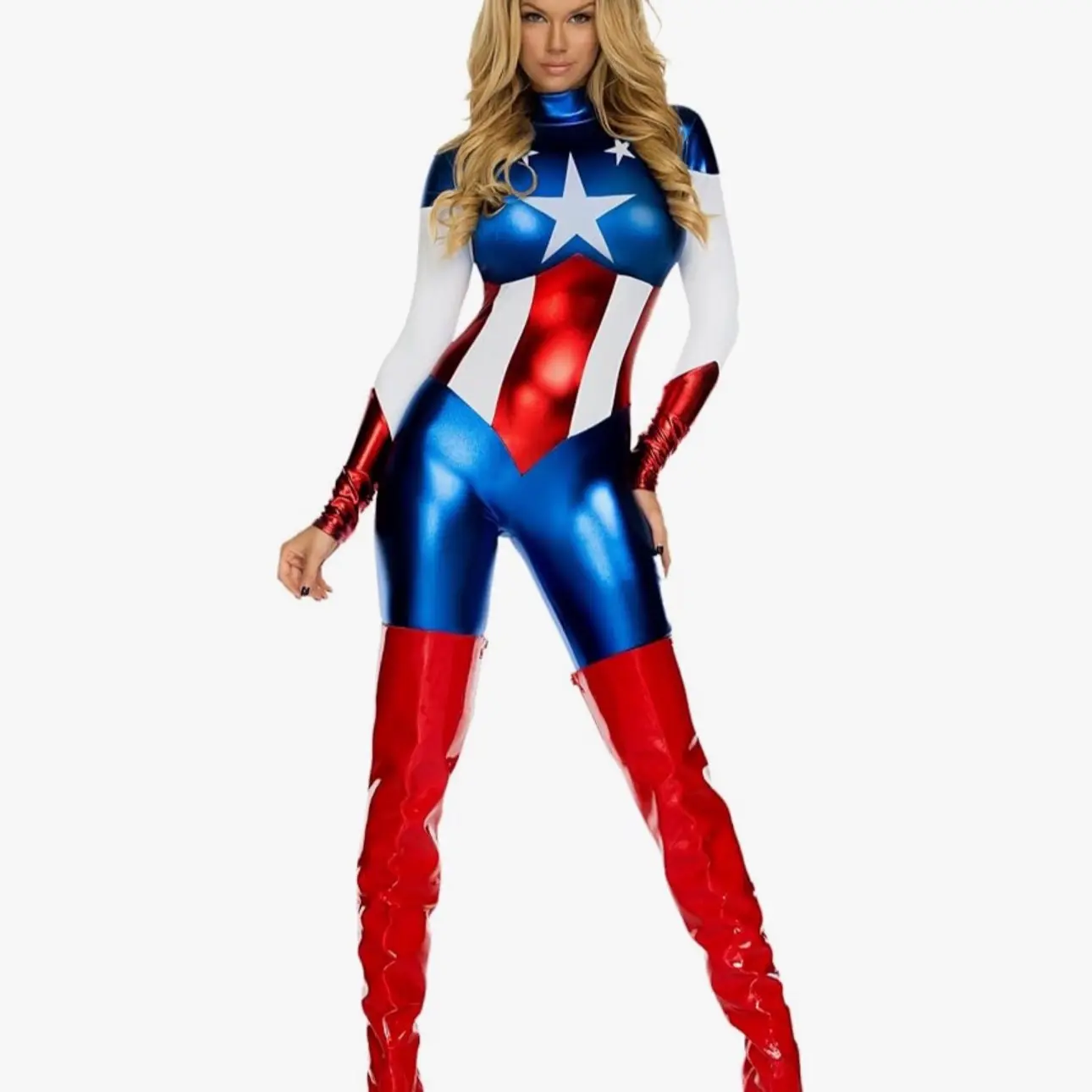 Women's Adult Captain Hero Women's Superhero Catsuit Fancy Dress Halloween Jumpsuit Costume Size Uk 10