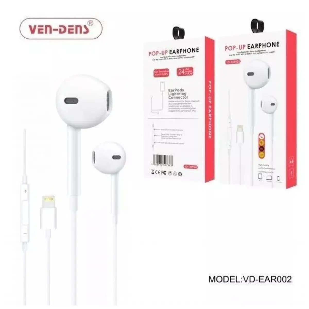 VEN-DENS VDEAR002 In-Ear Earphones with Clear Microphone for Apple iPhone iPad - White - Plug Audio Earbud Headset Wired