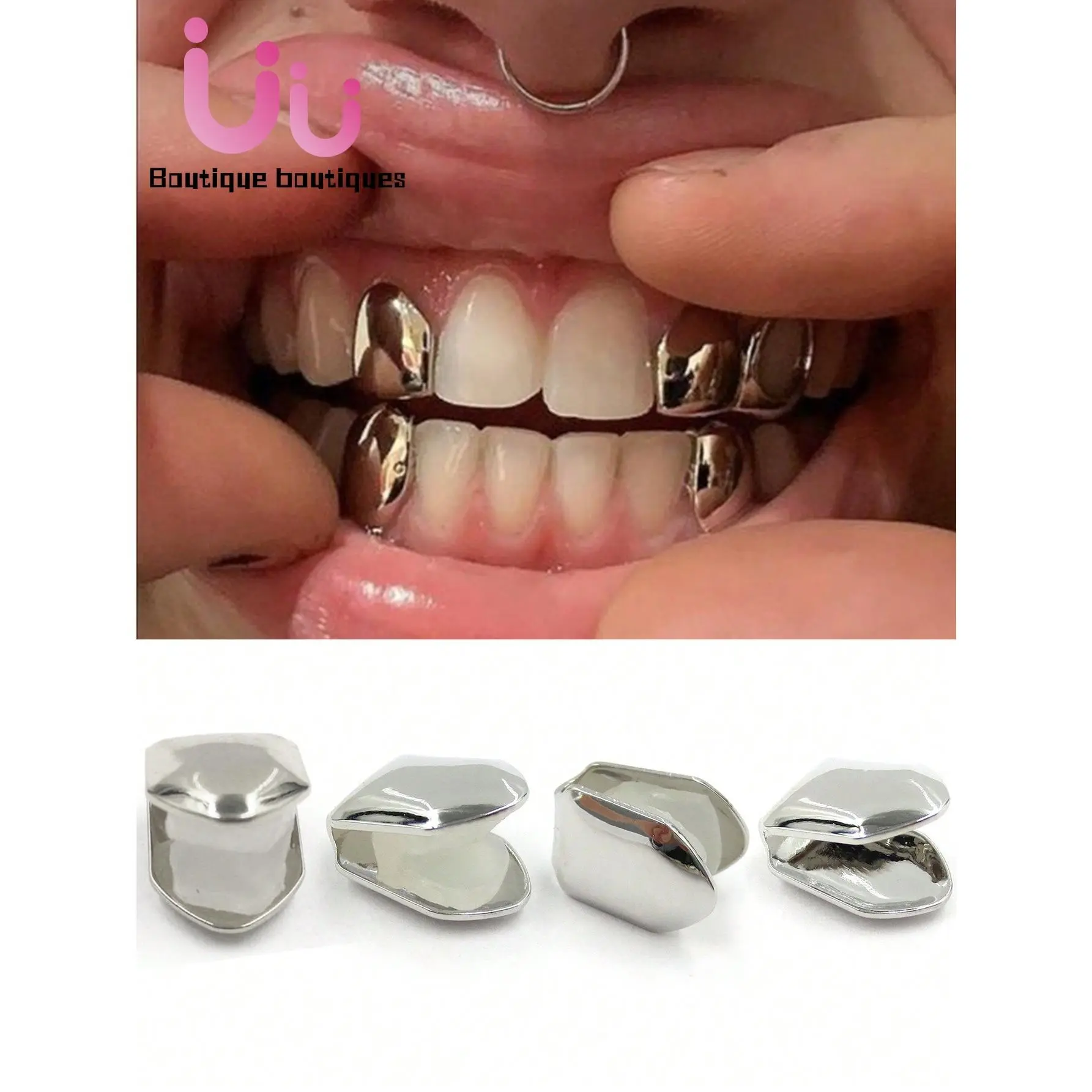(UU) 4pcs Set European & American Hip Hop Gold Plated Single Tooth Grillz, Hiphop Jewelry Oral