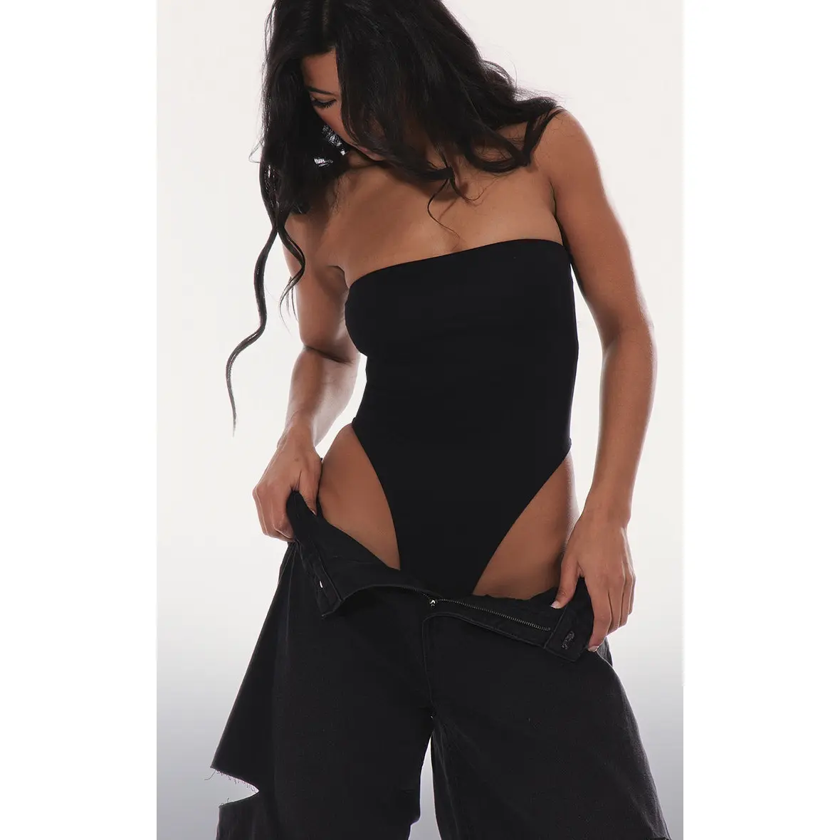Basic Black Cotton Blend Bandeau Bodysuit