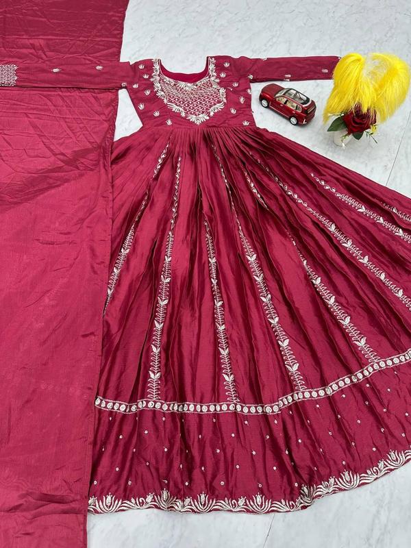 Luxury Embroidered Chinon Gown with Dupatta Comfort Outfit Traditional Women Womenswear Dress Dupatta Elegance Embroidery Elegant Soft Flared Flowy Formal Matching Party Piece Round Neck Sequins Sleeves Sleeves Statement 9