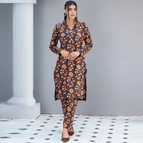 Readymade womenswear Linen Ethnic Floral Printed CO-ORDS-1452-Dark Brown Suits Trouser