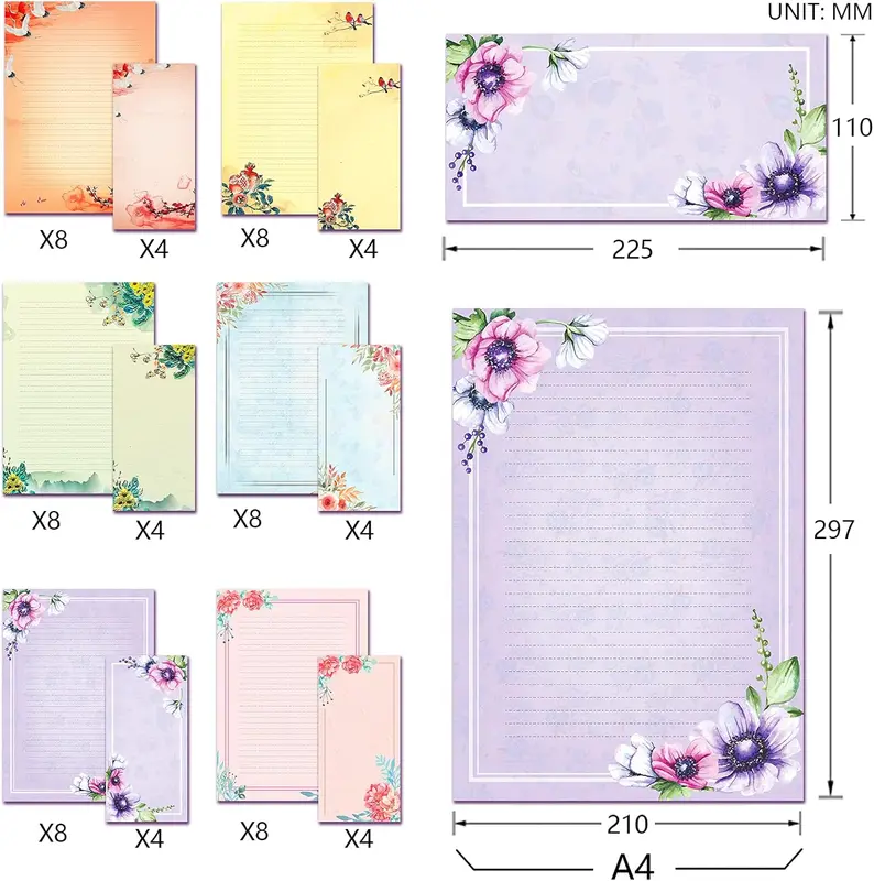A4 Floral Stationery Paper and Envelopes Set, 48 Pieces Letter Writing Paper with 24 pc Self-Sealing Envelopes, 100gsm 4