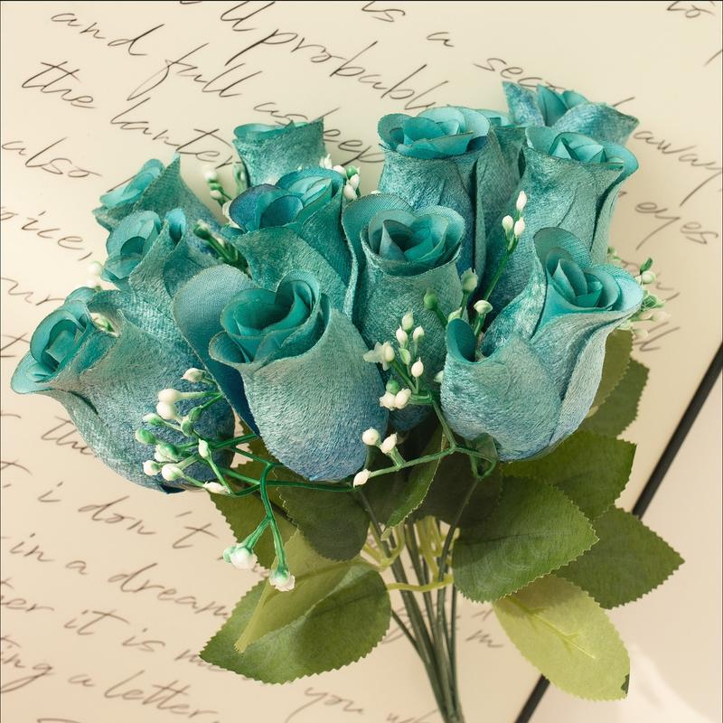 Valentine’s Day Decor Artificial Velvet Rose bud, 1 Piece 12 heads Colorful Faux Flower Bouquet, Artificial Flowers for Wedding and Home Decoration 3