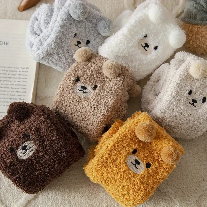 1/3/6 Pairs 3D Cute Bear Socks, Warm Coral Fleece Floor Slipper Socks For Fall & Winer, Women's Stockings & Hosiery 0