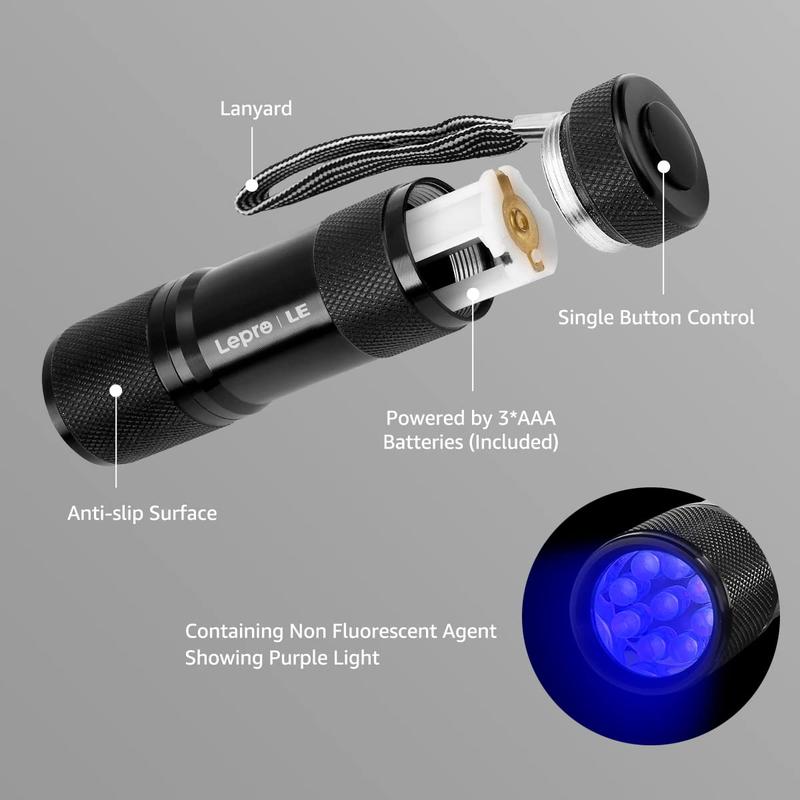 Product Introduction of LE UV Torch, 9 LED 395nm Ultraviolet Flashlight, Blacklight Detector for Pet Urine, Stain, Bed Bugs and More, 3 AAA Batteries Included 16