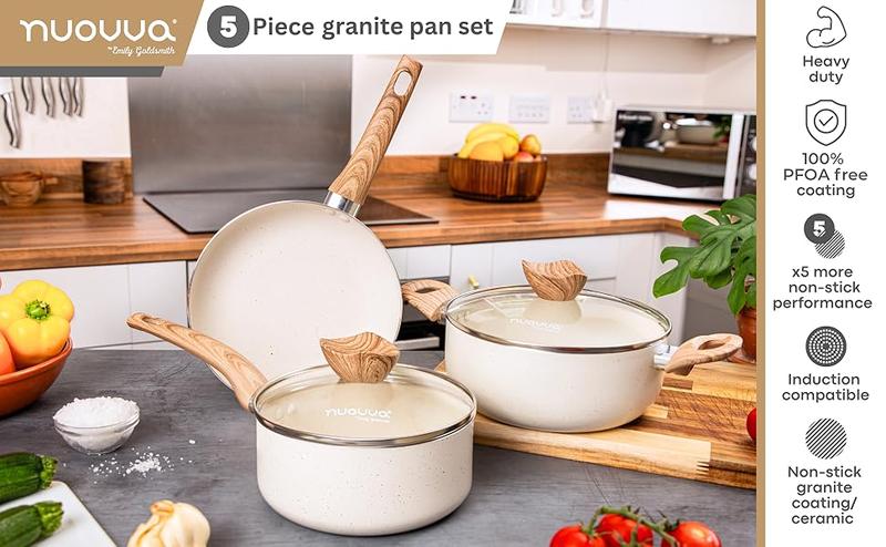 Product Introduction of Non Stick Pots and Pans Set – Induction Hob Pots Set – 5pcs Kitchen Cookware with Lids – Cooking Cream Granite Saucepan Pots and Frying Pans 4