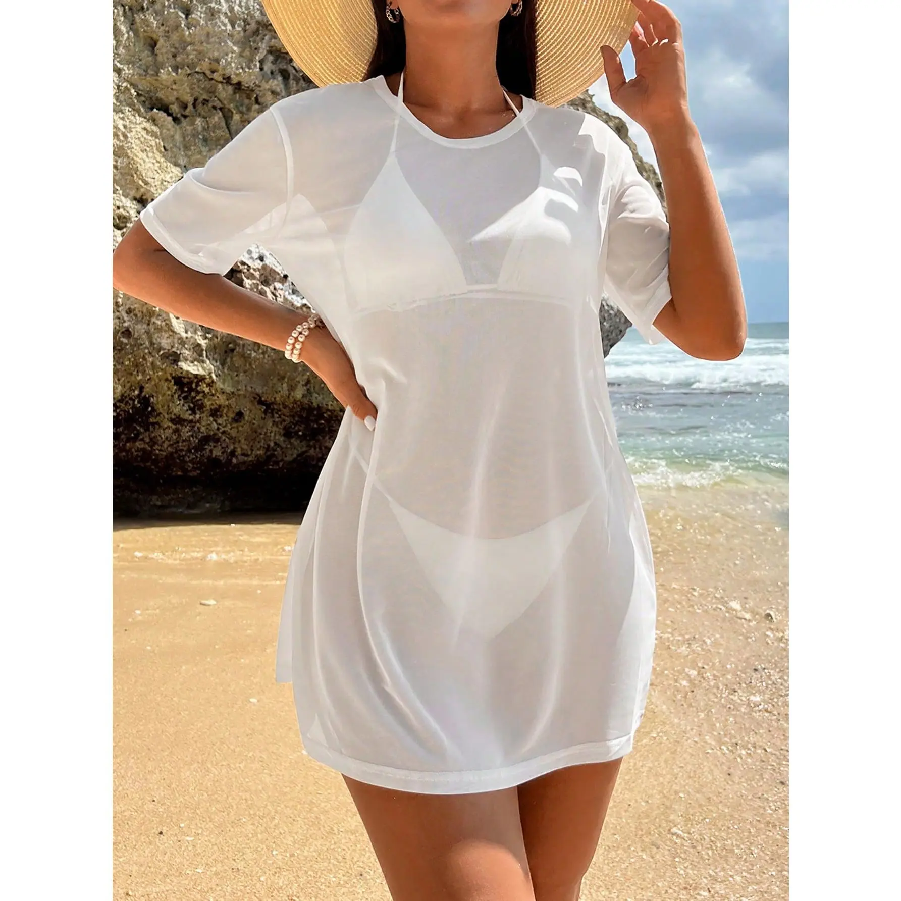 Swim Summer Beach Solid Sheer Mesh Cover Up Dress