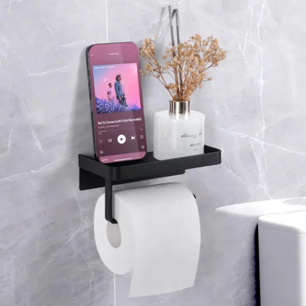 Black 2 in 1 Toilet Roll Holder with Shelf Wall Mounted or Self Adhesive Organiser Racks