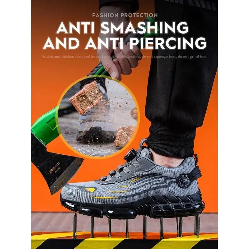 Men's Lace Up Low Top Anti Piercing & Anti Smashing Safety Shoes with Rotating Button, Back To School Casual Contrast Mesh Work Shoes, Contrast Mesh Footwear for Outdoor Boy Walking Shoes 1