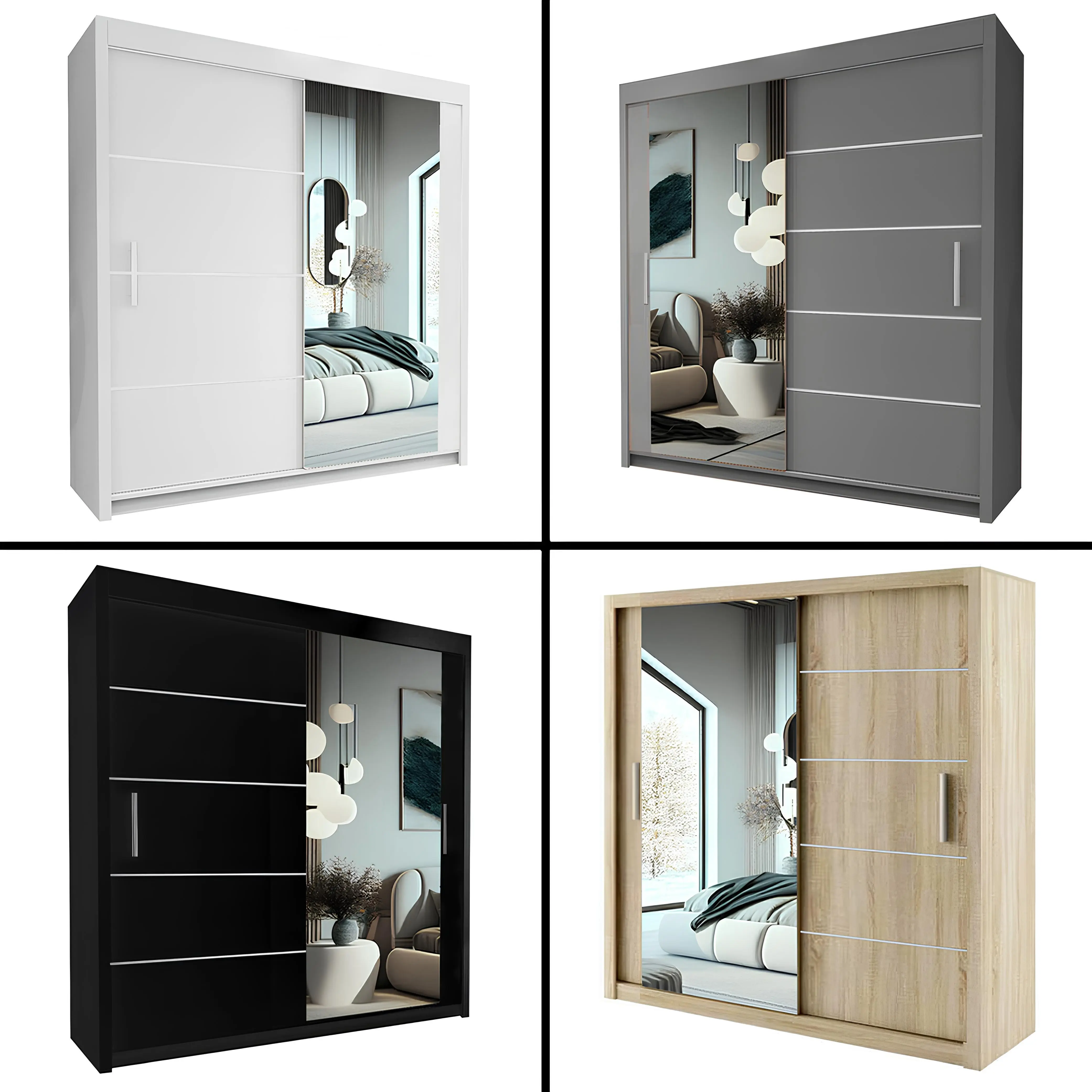 LYON Mirror Sliding Door Wardrobe 120cm/150cm/180cm/203cm/250cm (4 Colours)