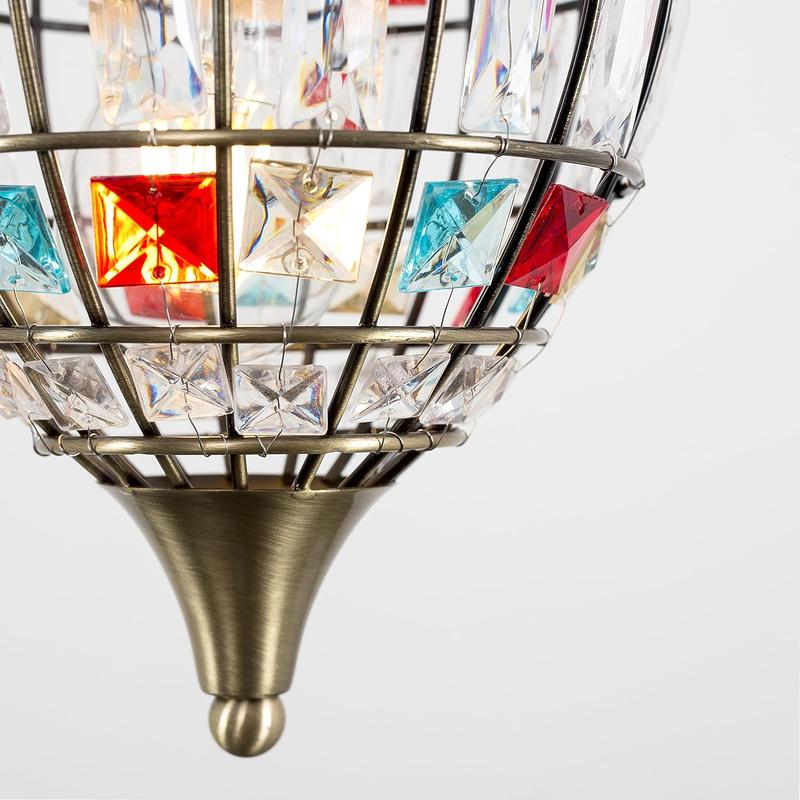 Traditional Antique Brass Cage & Multi-Coloured Acrylic Jewel Ceiling Pendant Light Shade 2