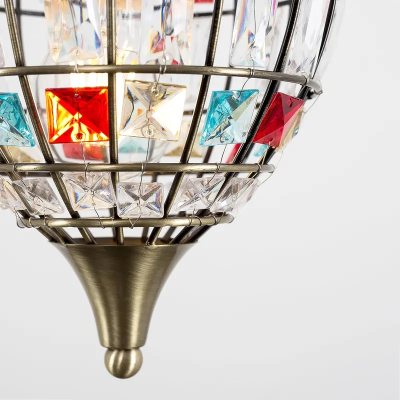 Traditional Antique Brass Cage & Multi-Coloured Acrylic Jewel Ceiling Pendant Light Shade 2