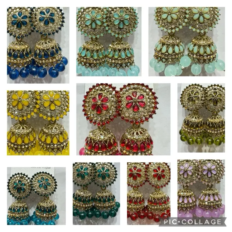 E2158 Mix Jhumka Earrings Stone Colours Gold Party Wear Gift Asian