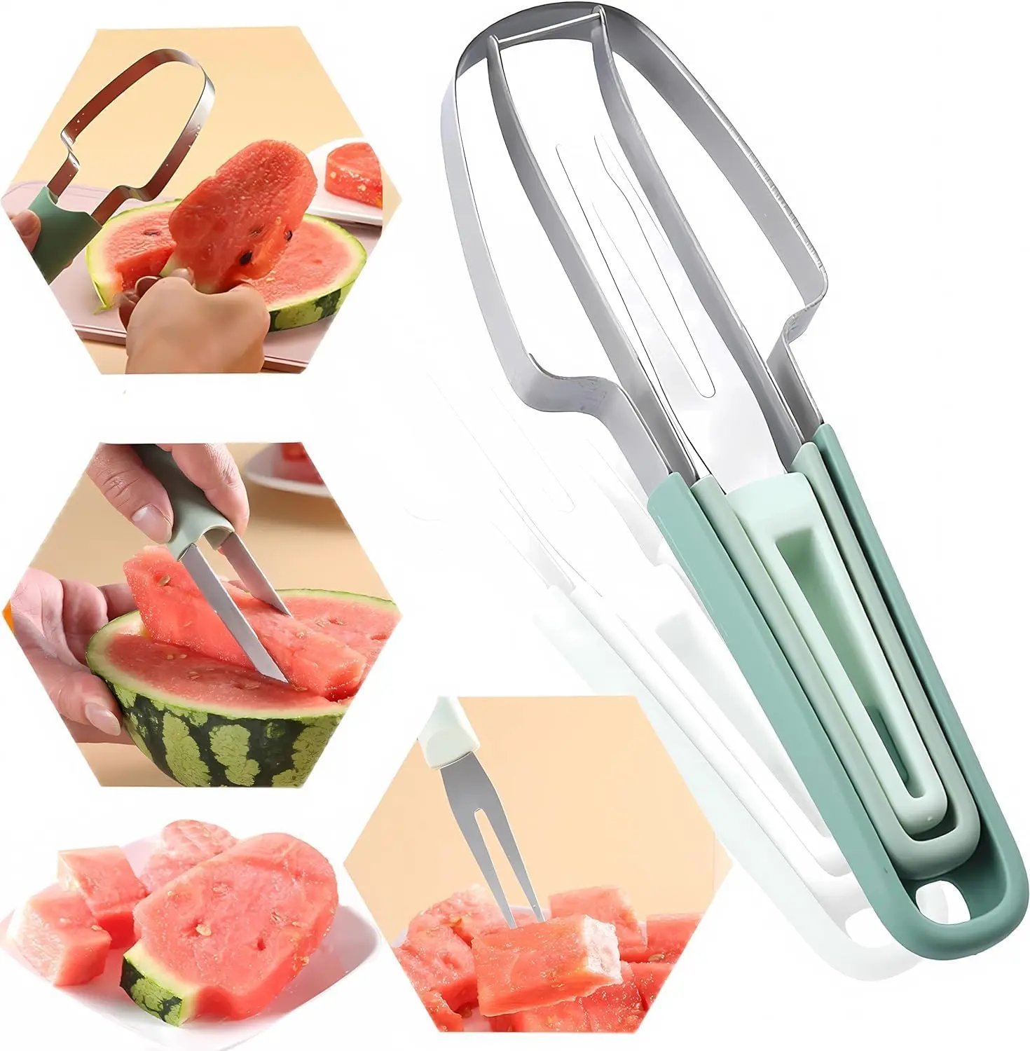Stainless Steel Watermelon Fork Slicer Cutter - 3 in 1 Melon Cutter, Fruit Kitchen Utensil - Utensils, Plastic