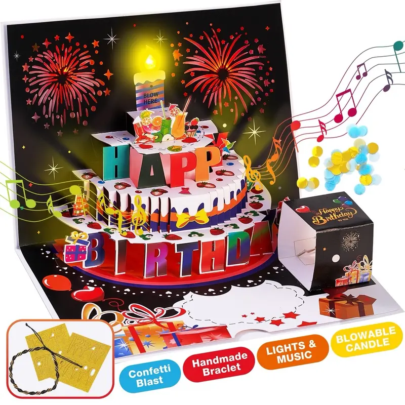 Birthday Popup Greeting Card with Lights, Music, and Candle Gift Bracelet 0