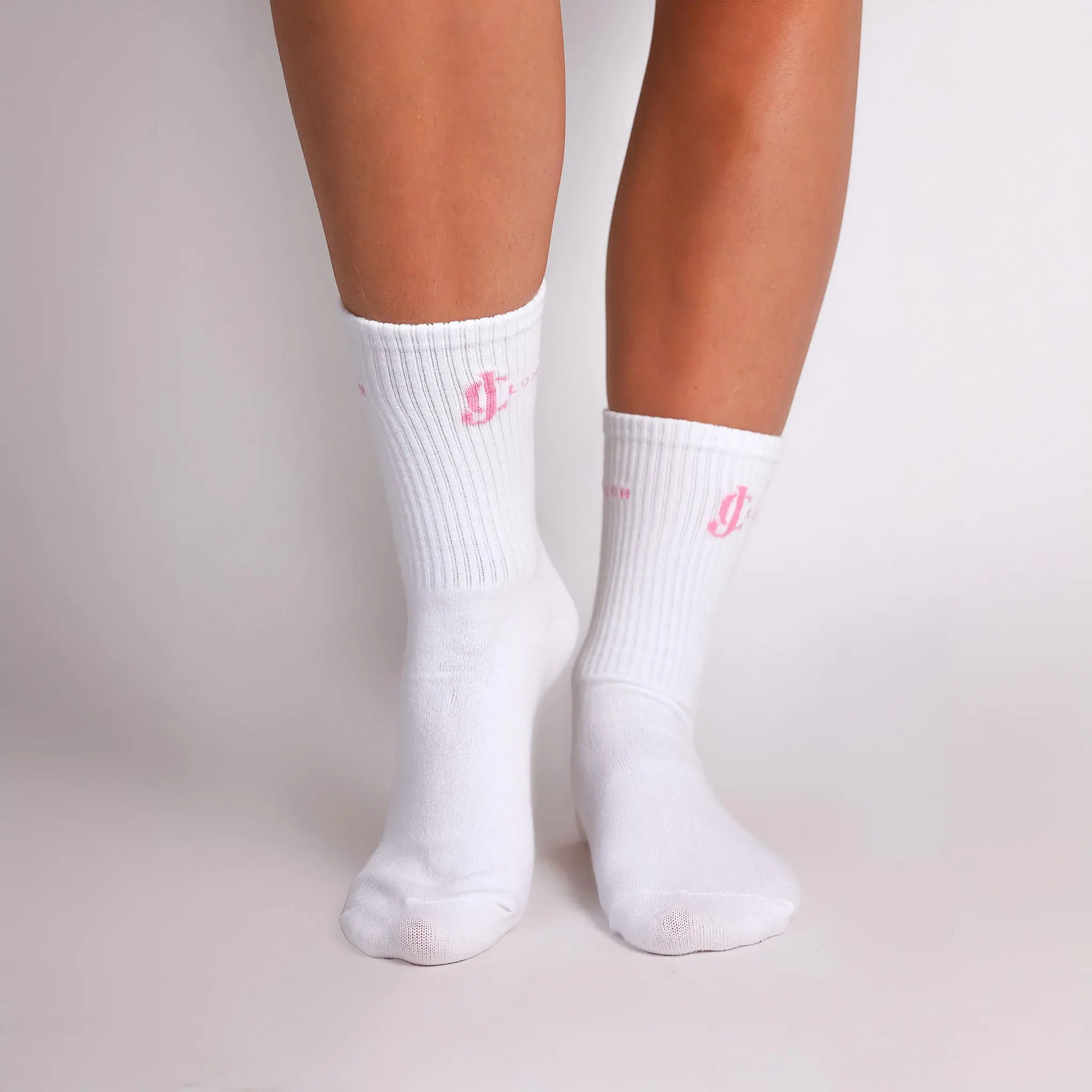 Womens white socks pink logo