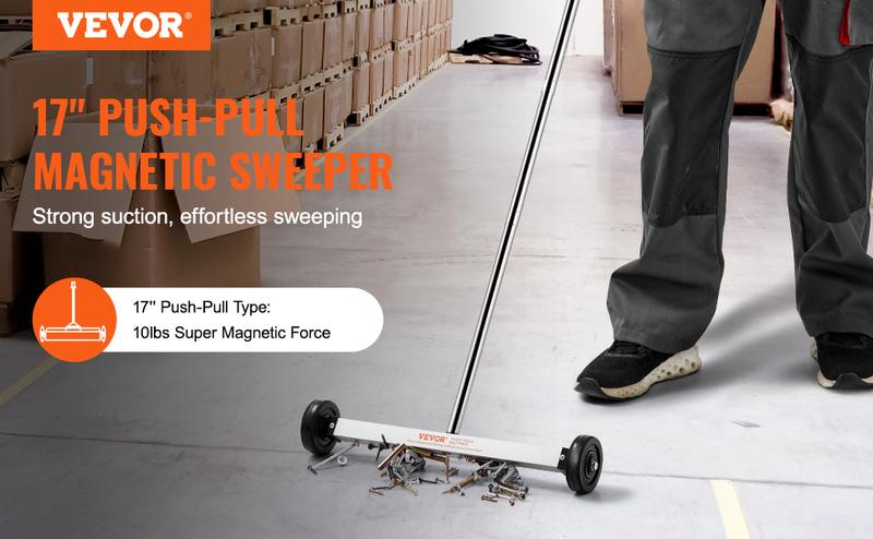 Product Introduction of VEVOR Magnetic Sweeper with Wheels, 17inch Mini Magnetic Sweeper, 10 lbs Capacity, Adjustable Handle, Lightweight Magnetic Pickup Sweeper to Pick Up Nails and Screws, Easy Cleanup of Workshop Garage 1