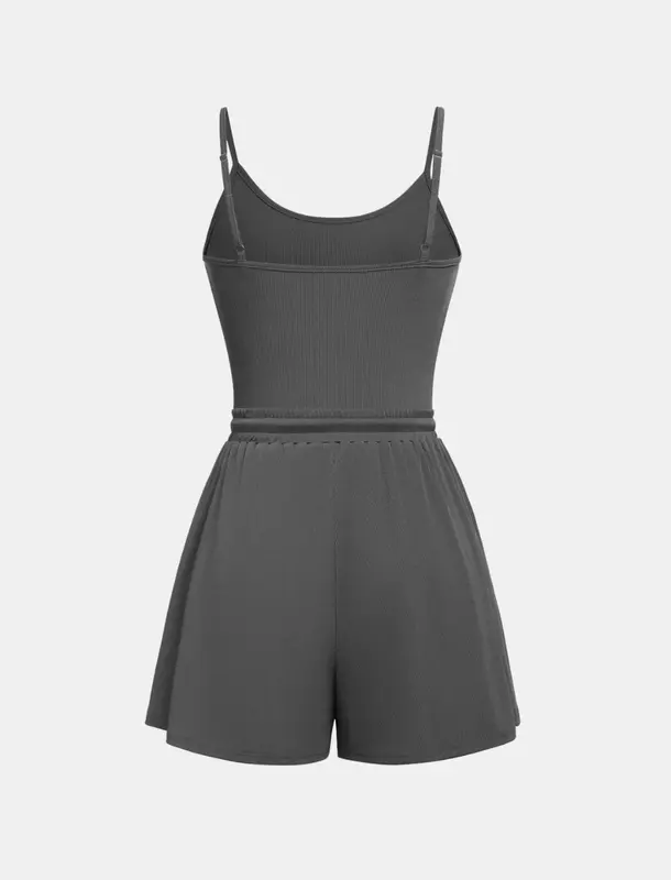 Women Abjustable Strap Cami Bodysuit & Drawstring Wide Leg Shorts Set, Casual Round Neck Sphaghetti Strap Bodysuit &Elastik Shorts Set, Back to School Womens Wear for Summer, Travel Adjustable Comfort 4