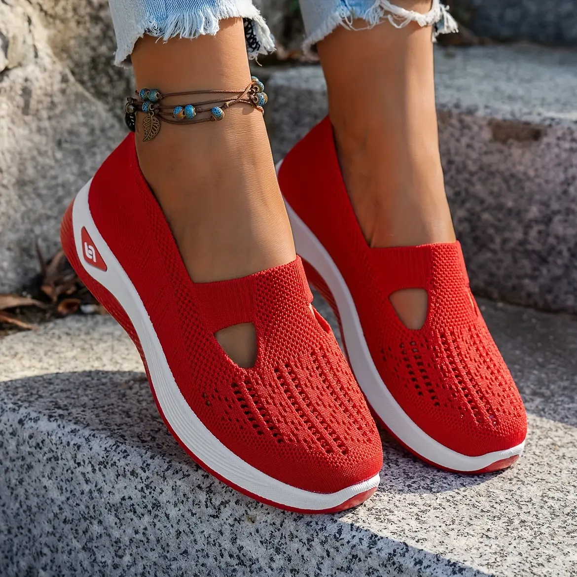 holiday outfits 2025 Breathable Soft Sole Women's Solid Color Knitted Slip On Sneakers, Lightweight Mesh Shoes for Daily Footwear Girl Trainer Runner Training Casual Closed Athletic Running Multicolor Red