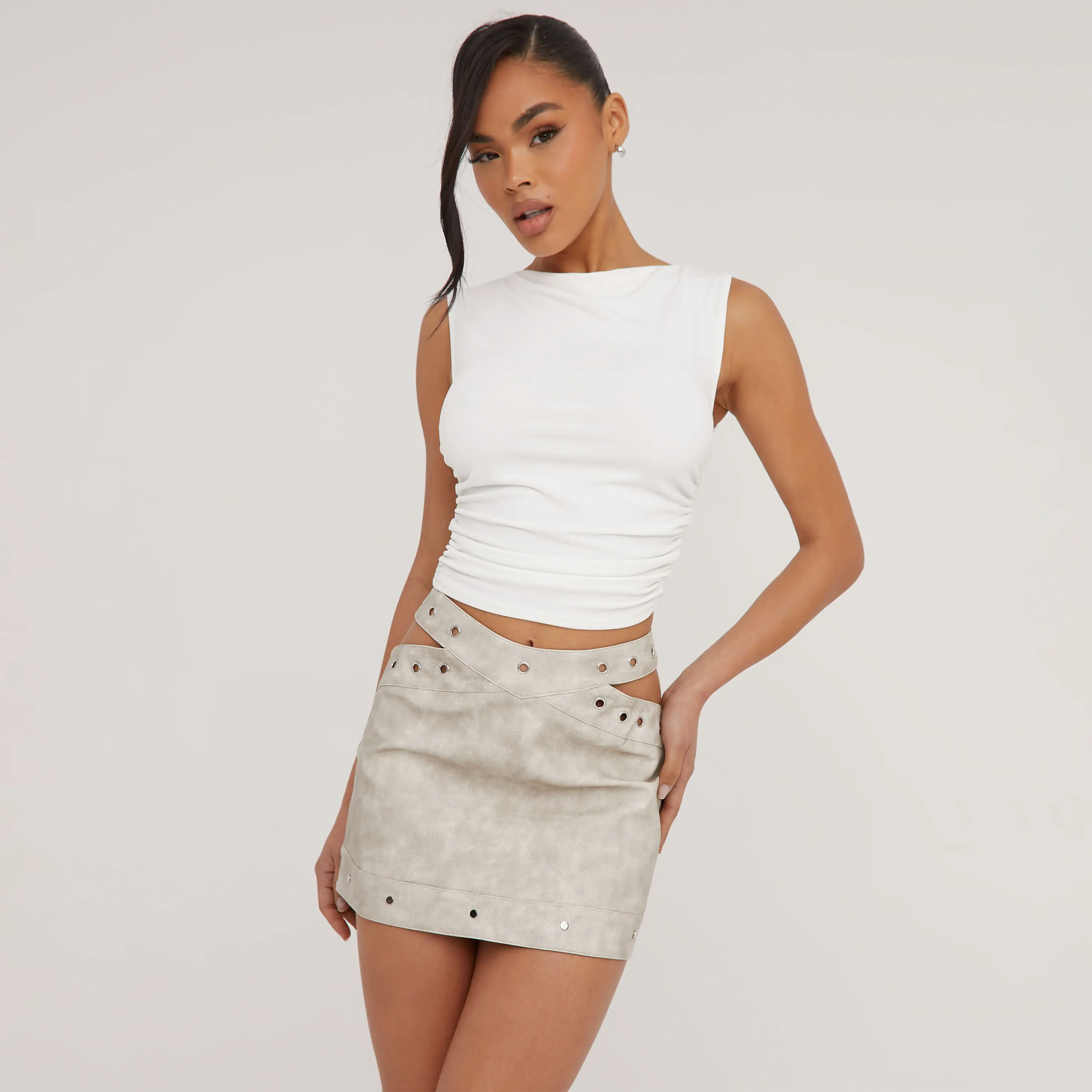High Waist Eyelet Detail Cut Out Side Mini Skirt In Stone Acid Wash Faux Leather