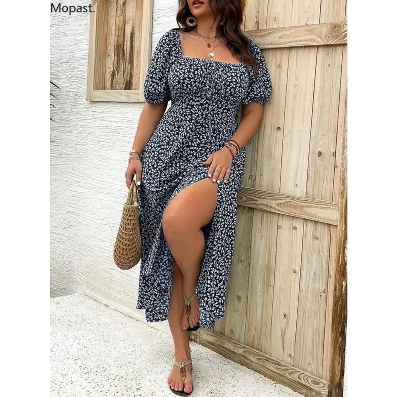 【Plus Size】 Ditsy Floral Print Split Thigh Dress, Boho Puff Sleeve Tie Front Sundresses, Maxi Dress, Summer Dresses 2024, Daily Wear Ella Thomas Coming Home Outfit, Wedding Guest College Dress Hide Tummy Black Party Dresses, UK Green Dress Lady 4