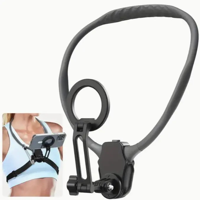 Versatile 4-in-1 Magnetic Neck Phone Holder for POV/Vlog - Hands-Free, Adjustable Chest Mount with Quick-Release & Extended Pole, Durable PC Material, Ideal for Outdoor Sports, Cooking & Riding - for iPhone, for Android, GoPro Stand Smartphone Cellphone
