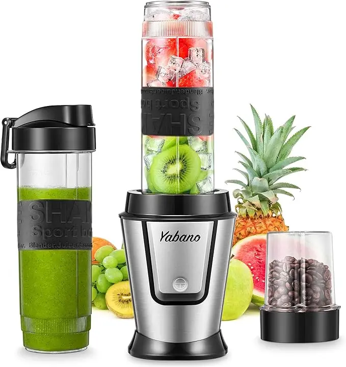 Blender Smoothie Makers 500W, 2 in 1 Multifunctional Personal Blender Mixer with 2x600ml Portable Bottles for Ice, Fruit, Vegetable, and 200ml Grinder, BPA-Free, Home/Outdoors, Sliver, by Yabano