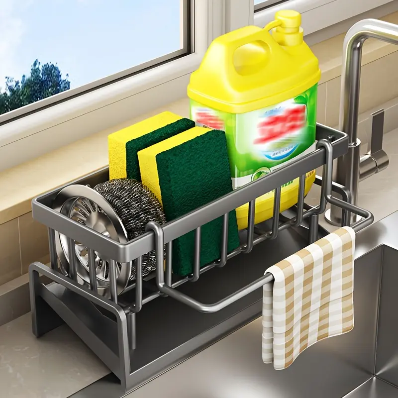 Non-Rust Polypropylene Kitchen Sink Organizer Basket with Brush Holder and Divider for Sink, Dishwashing Sponge Storage Box