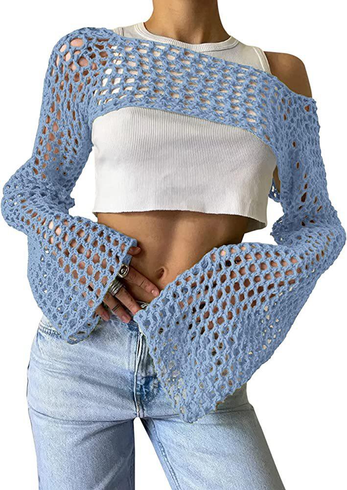 Product Introduction of Women Big Fishnet Long Sleeve Cropped Sweaters Summer Fashion Lady O-Neck Flare Sleeve Hollow Out Short Knitted Pullovers Knitwear Womenswear 17