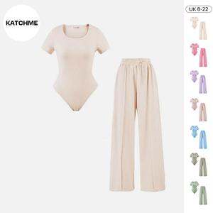 KatchMe Women's Trendy Square Neck Shaping Bodysuit & High Waist Pocket Wide Leg Trousers Co-ord(LIVE),Basic Shapewear,Two-Piece Outfit for Womenswear