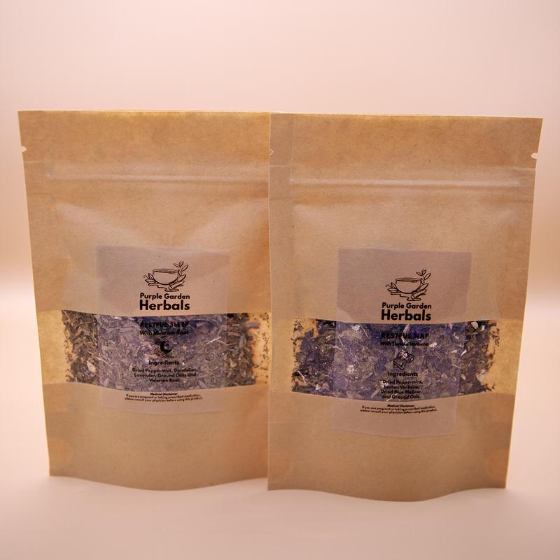 Purple Garden Herbals Rest Easy: Taster Pack of Two Herbal Blends - 8g Loose Leaf Pouches 0