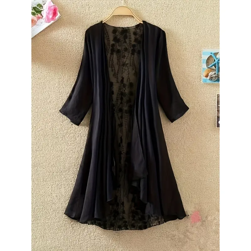 1pc, Women's Casual Style Cardigan, Mid-length Lace Stitching, Long Sleeves V Neck Sheer Cover Up Shirt, Beach Vacation 2