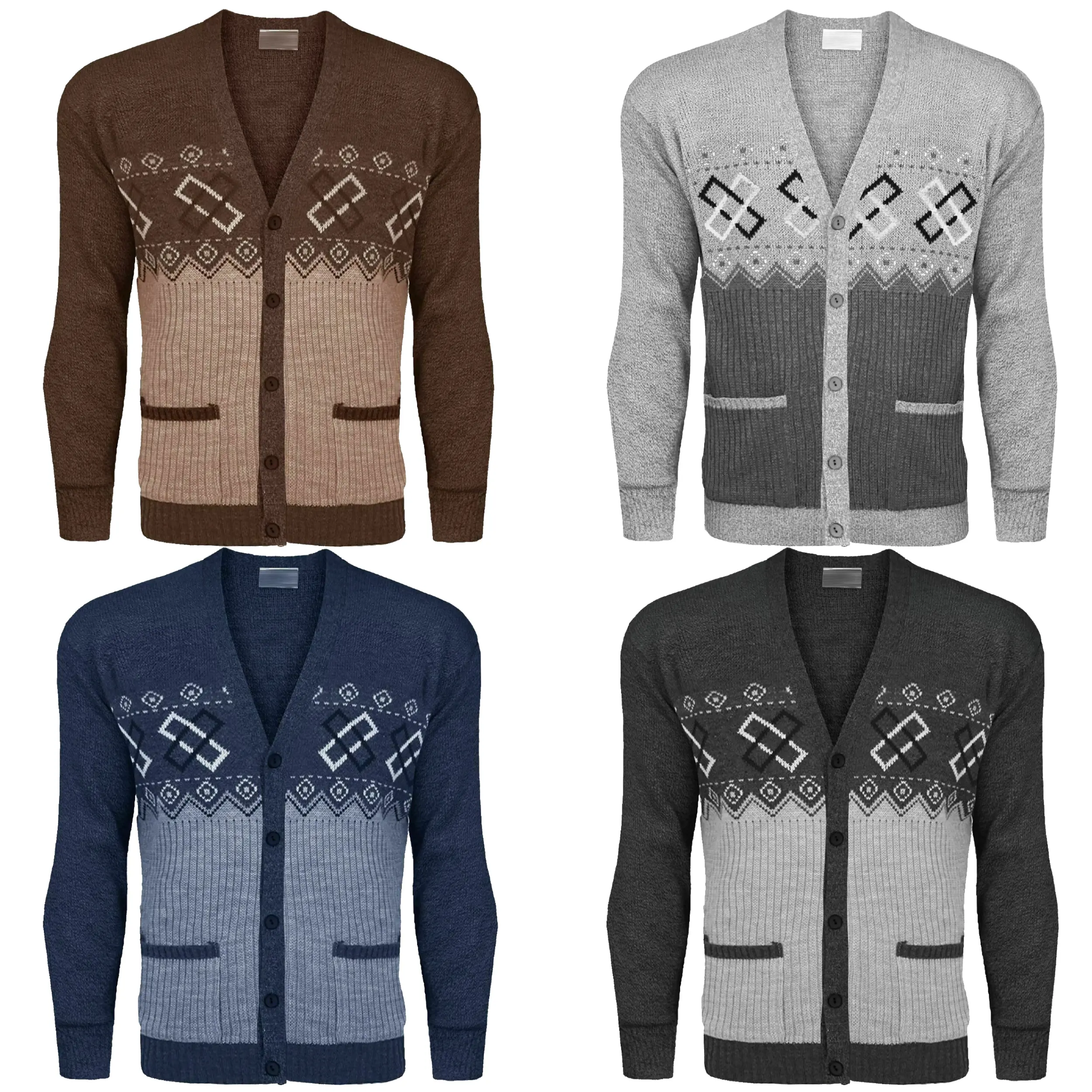Men's Classic Button Cardigan Argyle Knitwear Granddad Aztec Diamond Print Two Front Pocket Sweater Top Menswear Soft Jumper Breathable Jacket Basic Comfy